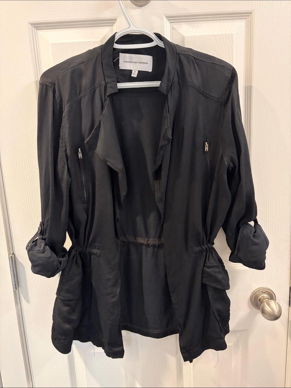 cupcakes & cashmere Black Drawstring Utility Jacket with Rolled Sleeves
